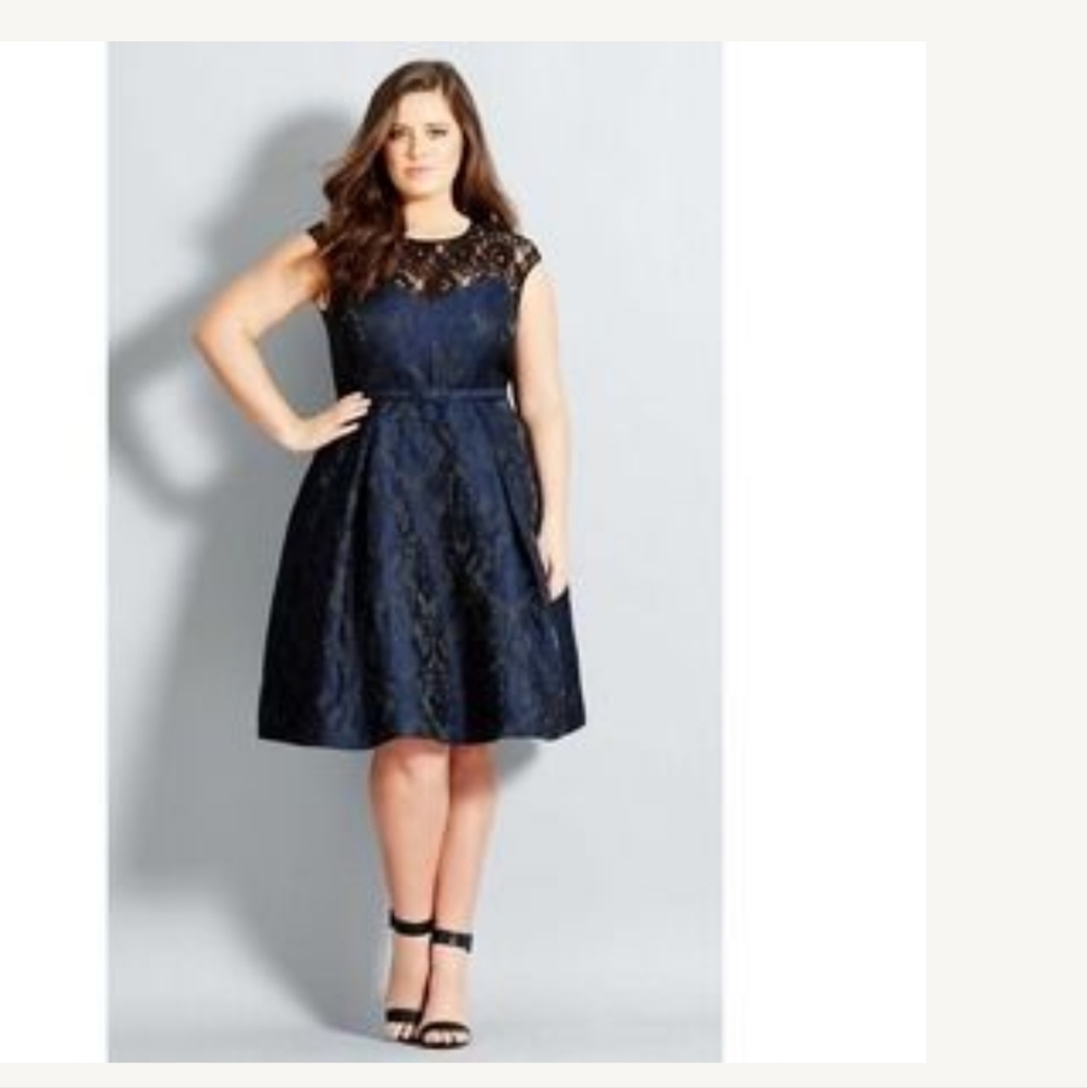 City Chic Dress Ornate Fit & Flare Navy Blue With Black Lace Belted Plus Size 22